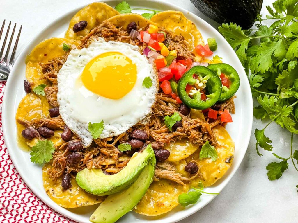 A white plate full of Pork Carnitas Green Chilaquiles with Eggs with cilantro next to it