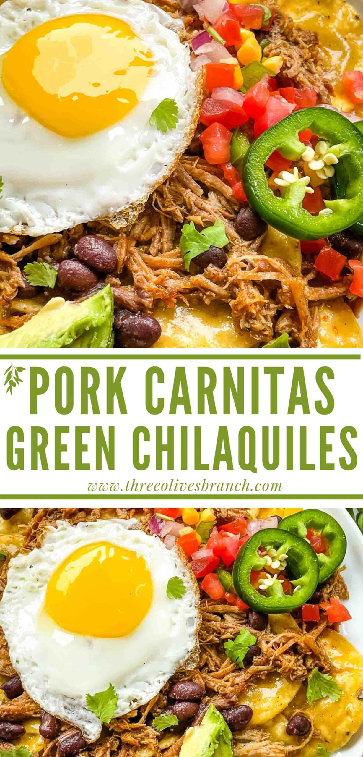Pork Carnitas Green Chilaquiles with Eggs Three Olives Branch