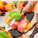 Pin of Prosciutto Wrapped Melon with Balsamic Glaze up close with title at top