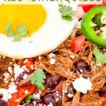 Ver close view of Shredded Beef Red Chilaquiles with title at top