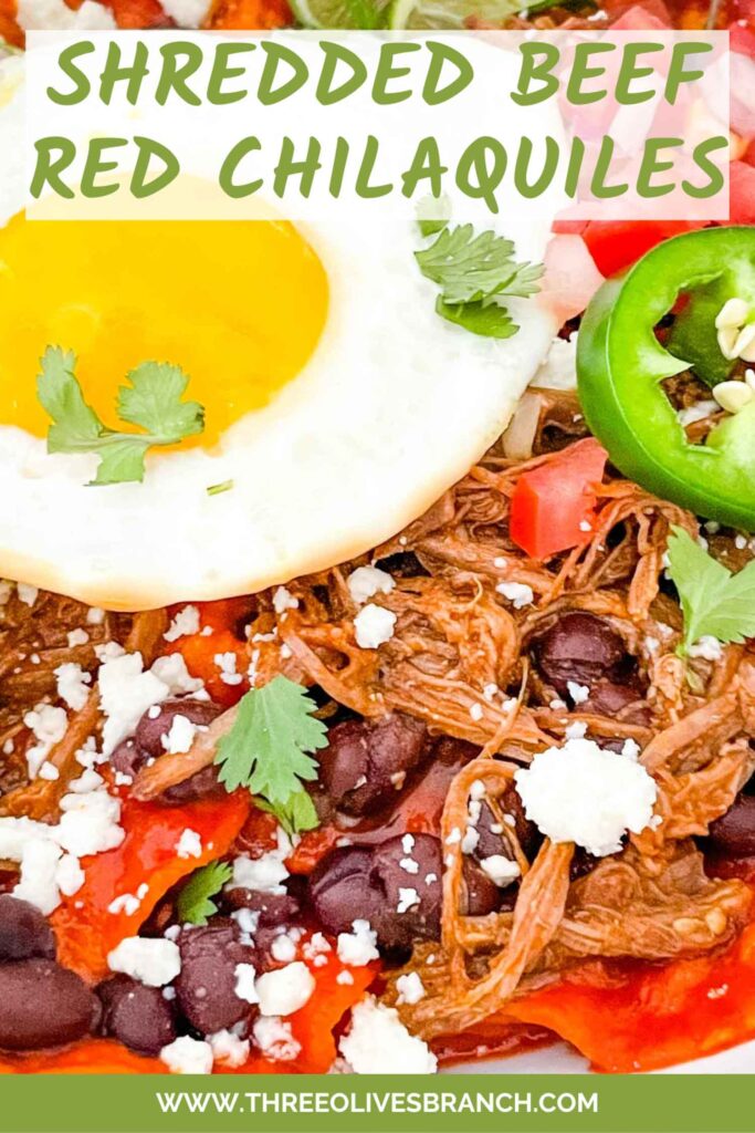 Ver close view of Shredded Beef Red Chilaquiles with title at top