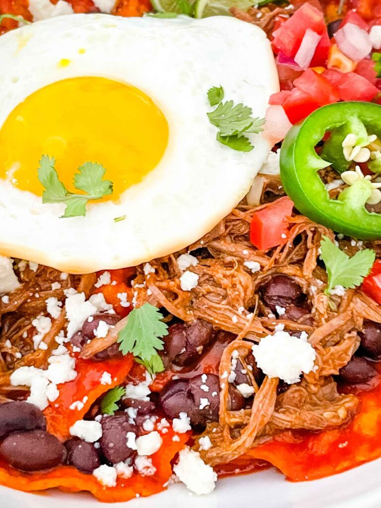 Ver close view of Shredded Beef Red Chilaquiles with an egg