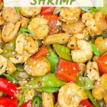 Pin of Sweet and Sour Shrimp Stir Fry close up with title at top