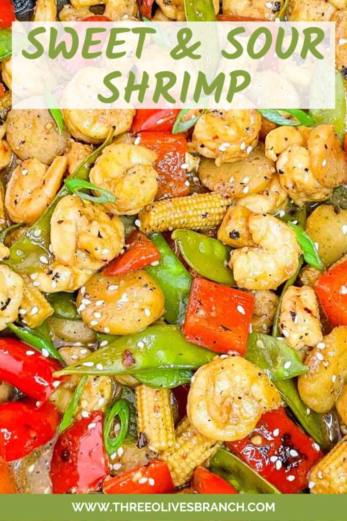 Pin of Sweet and Sour Shrimp Stir Fry close up with title at top