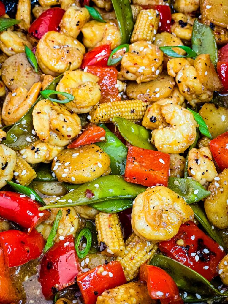 Close up view of Sweet and Sour Shrimp Stir Fry