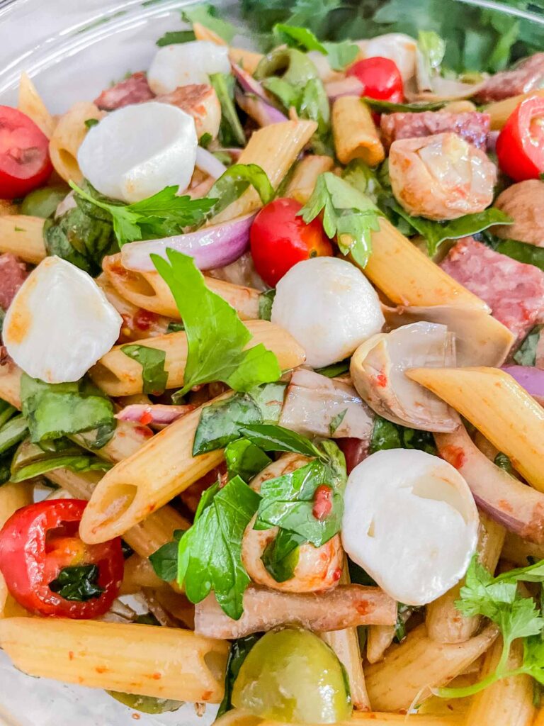 Close view of Italian Antipasto Pasta Salad in a bowl