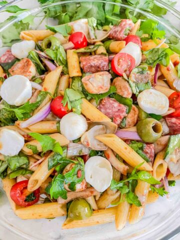 Top view of Italian Antipasto Pasta Salad in a bowl