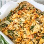 Pin of Green Bean Casserole with Fresh Green Beans in a white square dish with title at top