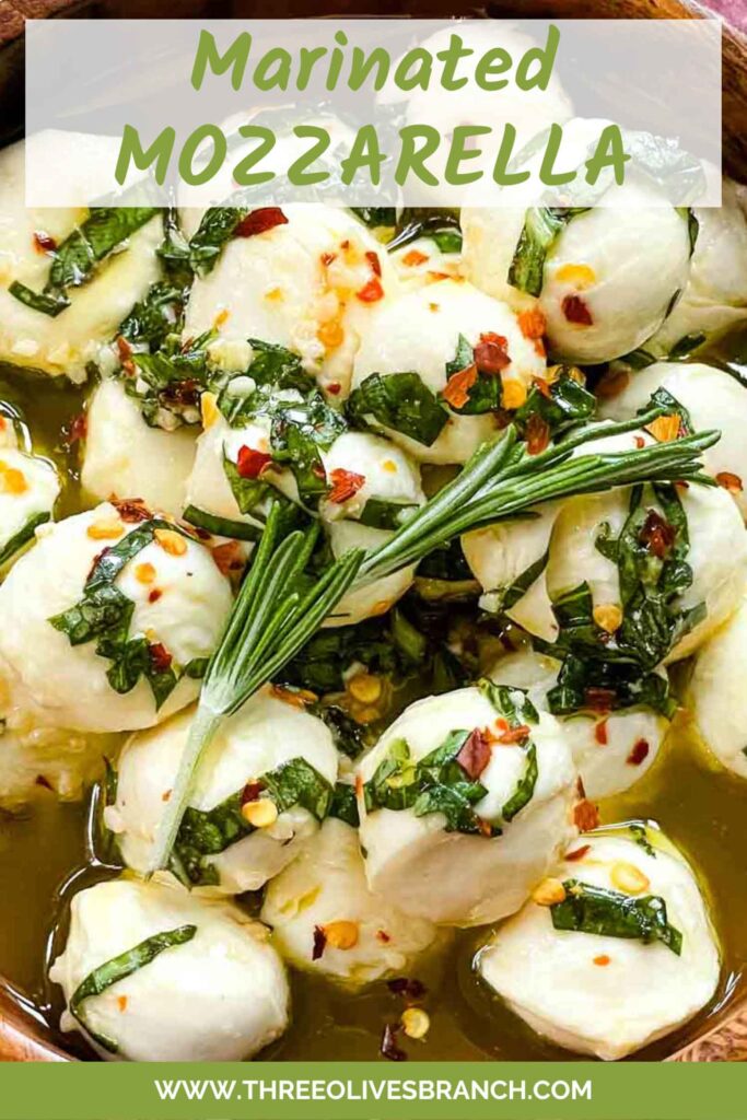 Pin of Marinated Mozzarella Balls up close with title at top