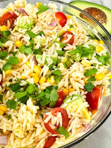 Close view of Mexican Orzo Pasta Salad