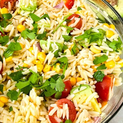 Close view of Mexican Orzo Pasta Salad