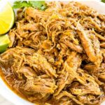 Pin of Instant Pot Pork Carnitas in a pile with title at top.