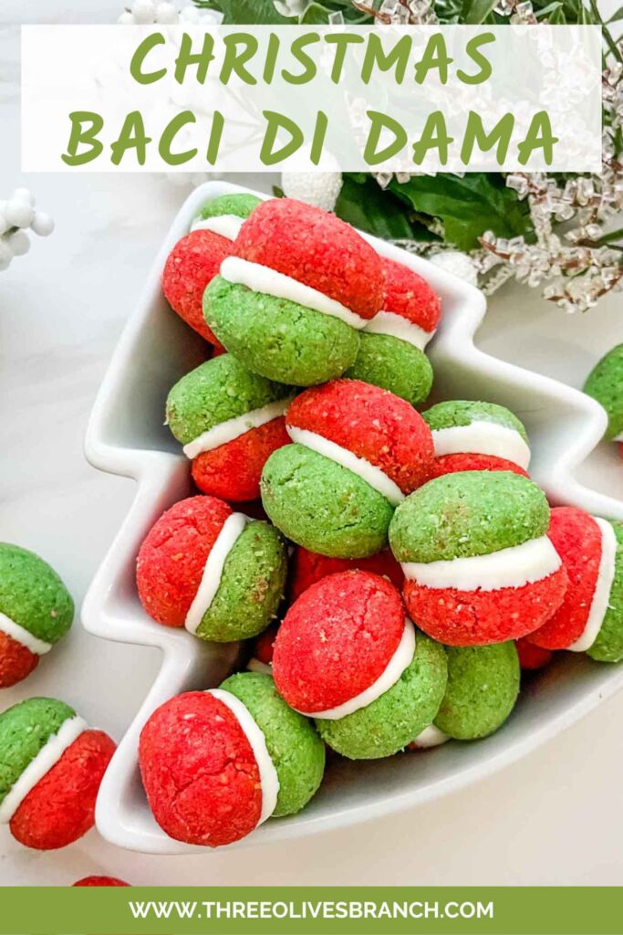 Pin of red, green, and white Italian Christmas Baci di Dama Cookies with title.