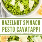 Long pin of Hazelnut Spinach Pesto Cavatappi pasta with title.
