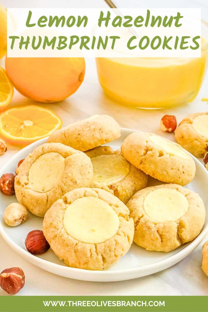 Pin of Hazelnut Lemon Curd Thumbprint Cookies with title at top.