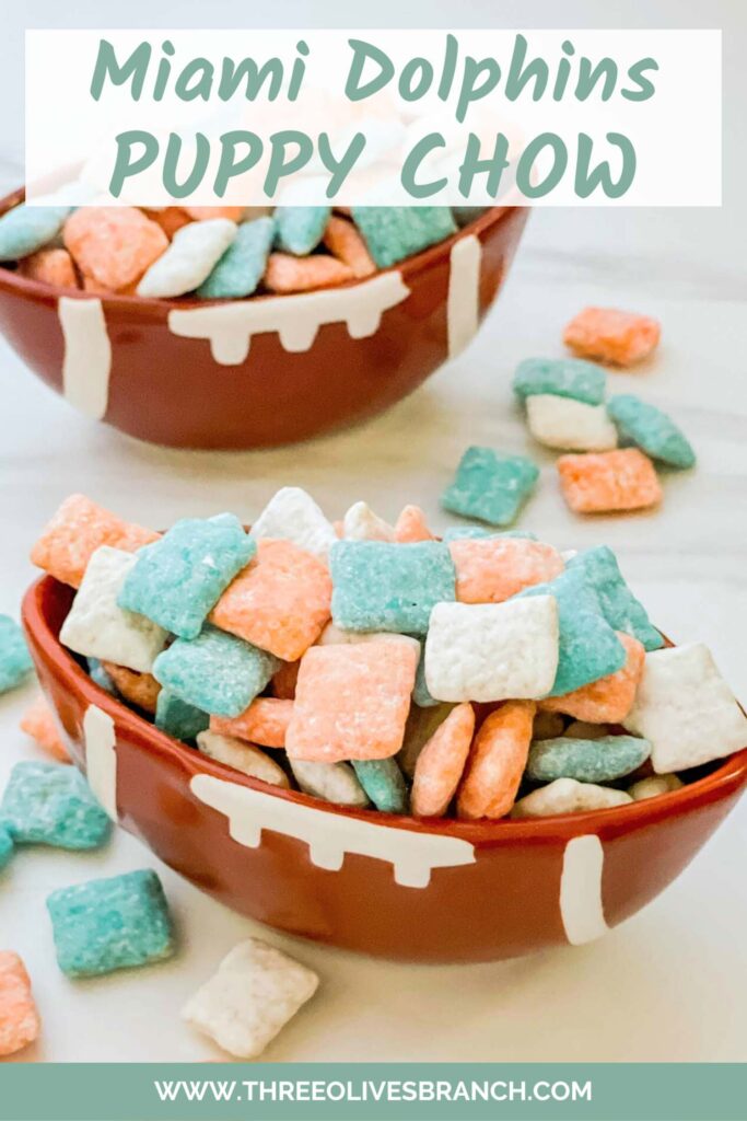 Pin of turquoise, orange, and white Miami Dolphins Puppy Chow.