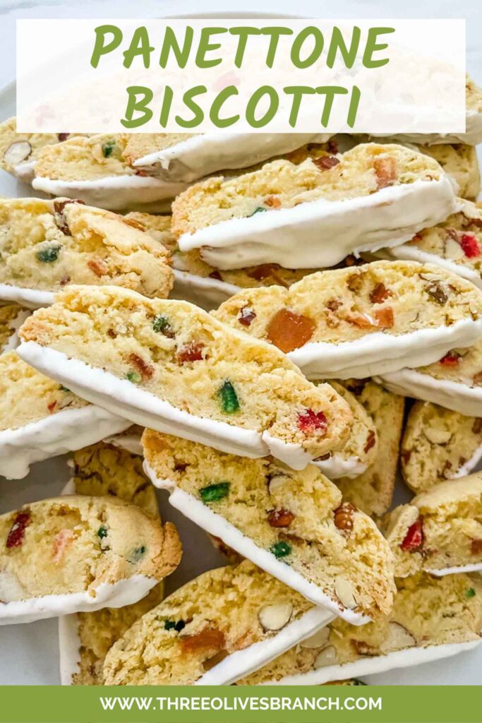 Pin for Panettone Fruitcake Biscotti cookies with title at top.