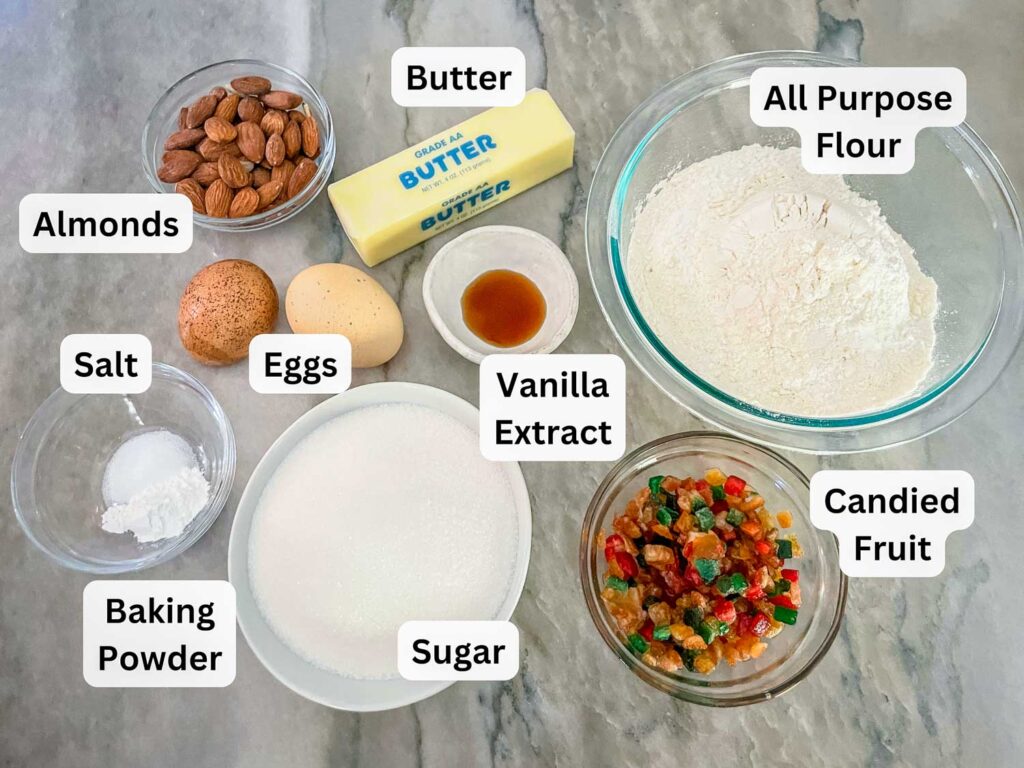 Labeled ingredients sitting on a counter.