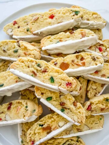 A pile of Panettone Fruitcake Biscotti cookies.