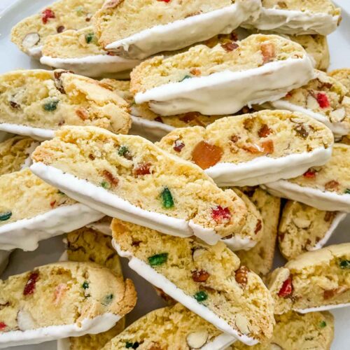 A pile of Panettone Fruitcake Biscotti cookies.
