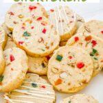 Pin of Panettone Fruitcake Shortbread cookies with title at top.