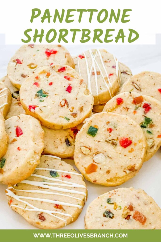 Pin of Panettone Fruitcake Shortbread cookies with title at top.