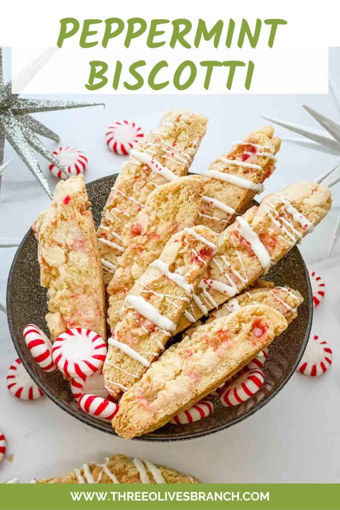 Pin of White Chocolate Peppermint Biscotti with title at top.