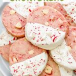 Pin of White Chocolate Peppermint Shortbread in a pile with title at top.