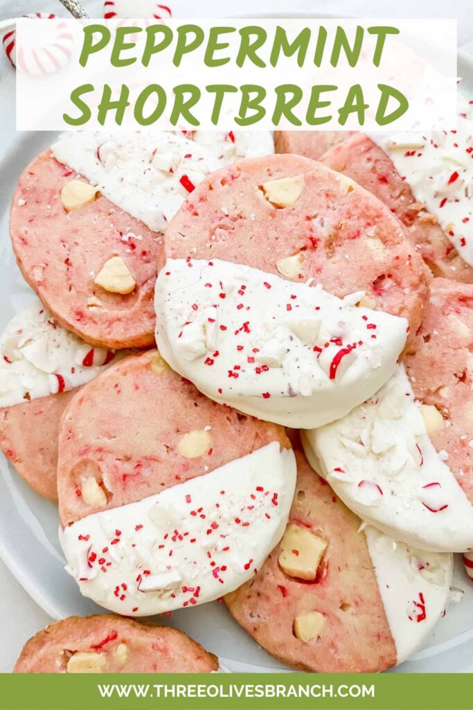 Pin of White Chocolate Peppermint Shortbread in a pile with title at top.