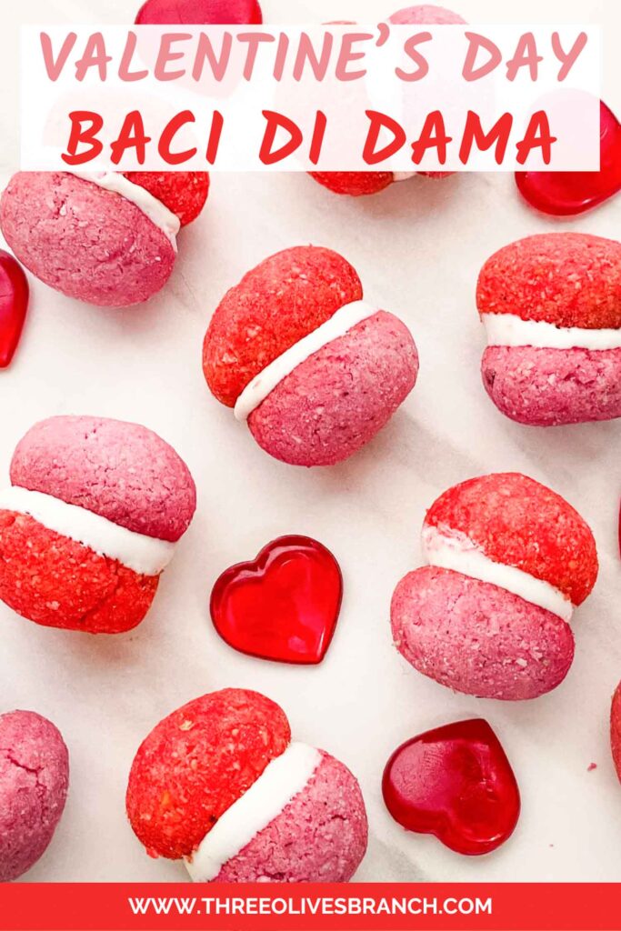 Pin for pink and red Valentine's Day Baci di Dama Cookies with title.