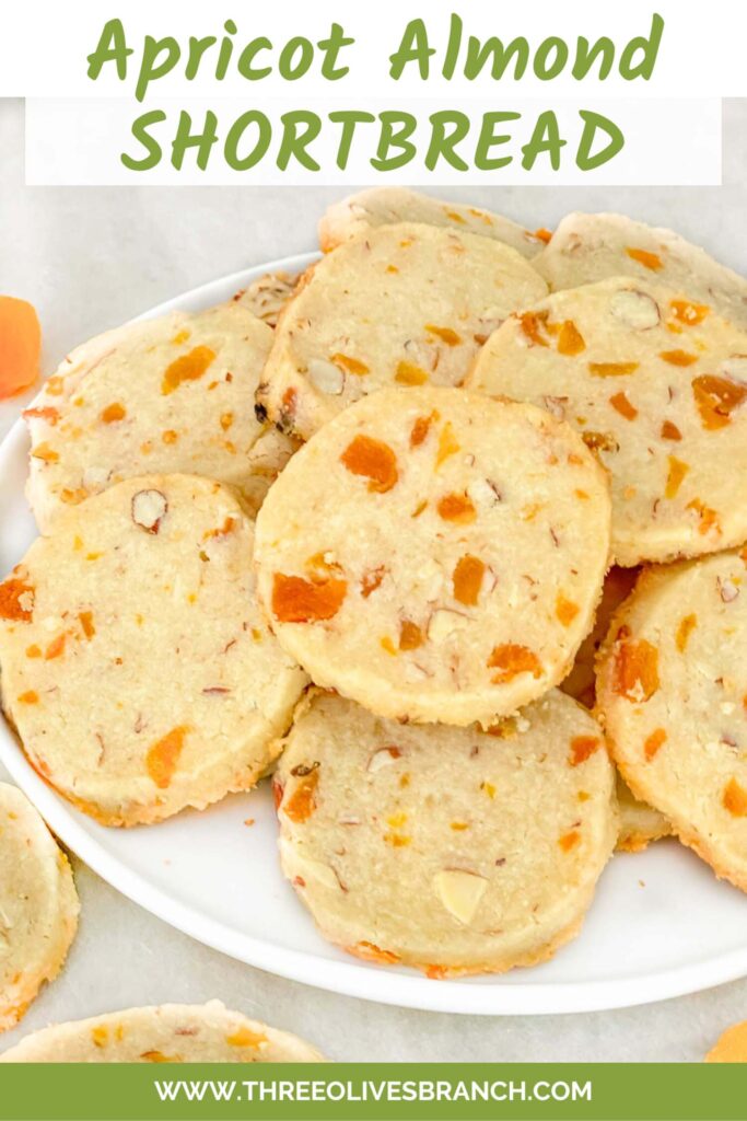 Short pin of Apricot Almond Shortbread Cookies with title at top.