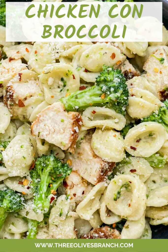 Pin of Copycat Olive Garden Chicken con Broccoli close view with title at top.