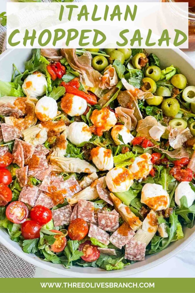 Pin of Best Italian Chopped Salad Recipe in a large bowl with title at top.