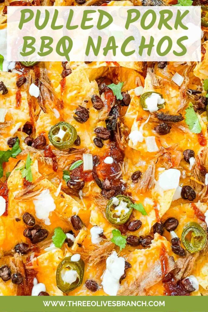 Pin for Easy BBQ Pulled Pork Nachos Recipe with title at top.