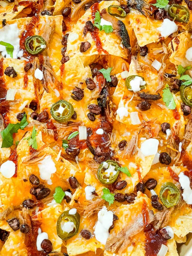 Close view of Easy BBQ Pulled Pork Nachos Recipe.