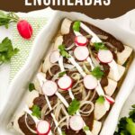 Pin of Chicken Mole Enchiladas in a baking dish with title at top.