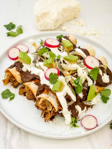 A white plate on a counter with three Chicken Mole Enchiladas and fresh toppings on and around them.