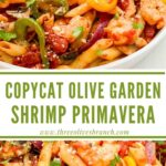 Long pin of Copycat Olive Garden Shrimp Primavera Pasta with title.