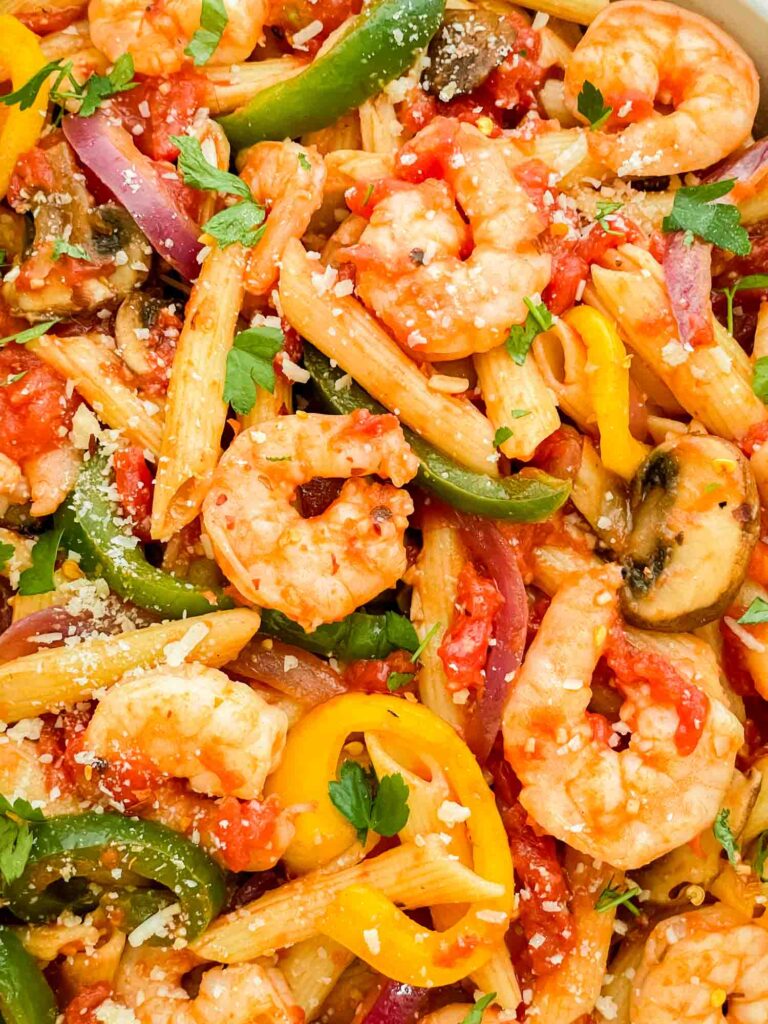 A close view of the Copycat Olive Garden Shrimp Primavera Pasta.