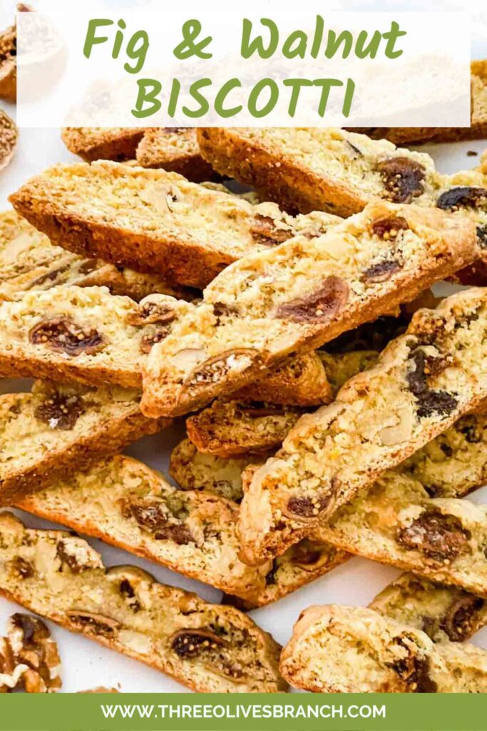 Pin of Fig Walnut Biscotti cookies in a pile with title.