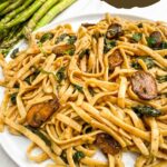 Pin for Mushroom Marsala Wine Sauce pasta on a plate with title.