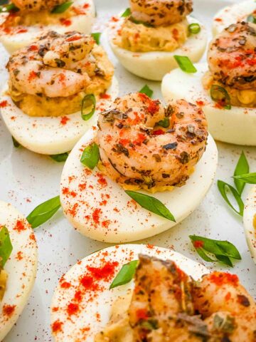 Close view of Cajun Shrimp Deviled Eggs on a plate.