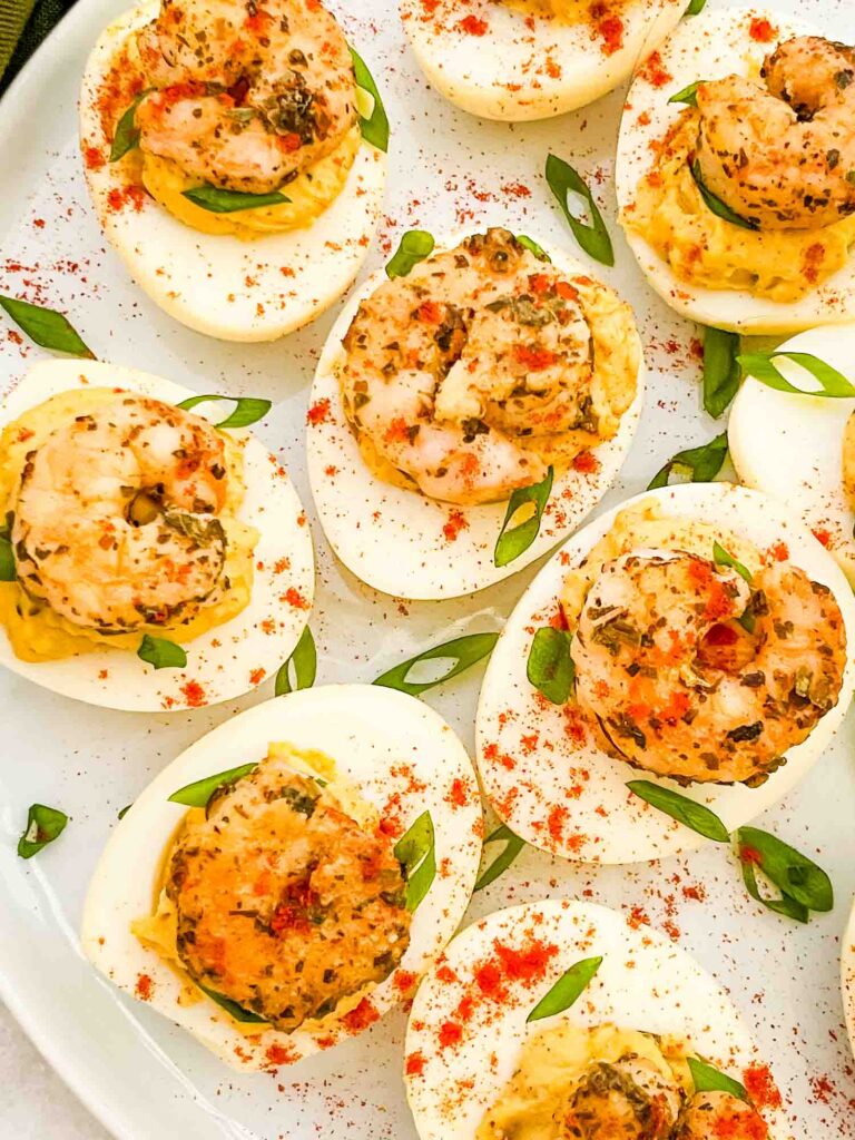 Looking down with close view of Cajun Shrimp Deviled Eggs on plate.