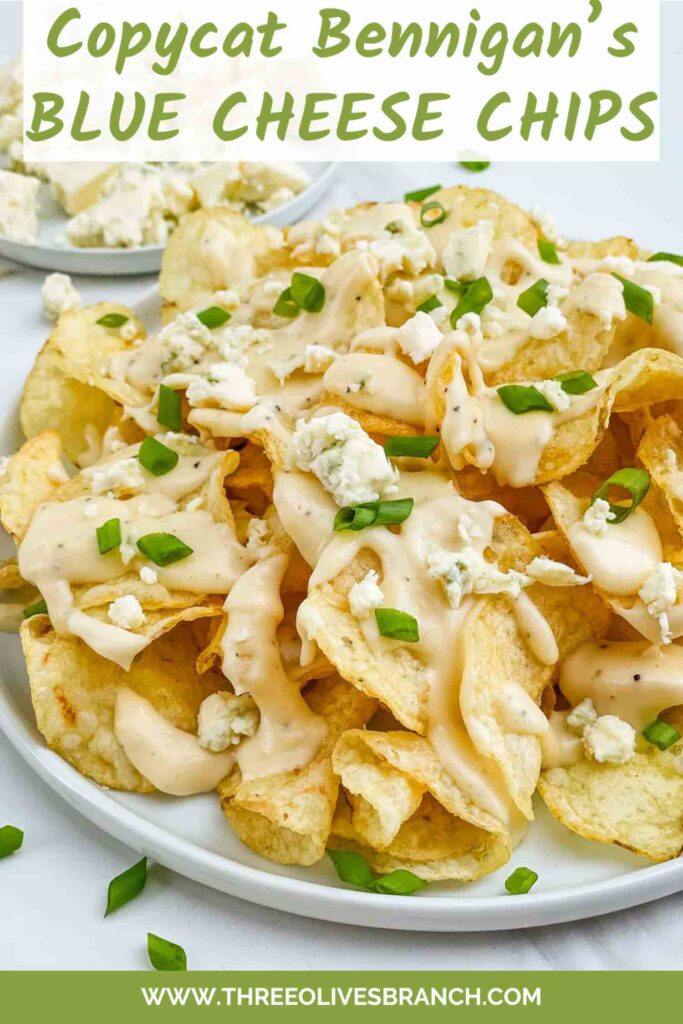 Pin of Copycat Bennigan's Blue Cheese Chips closer up with title.