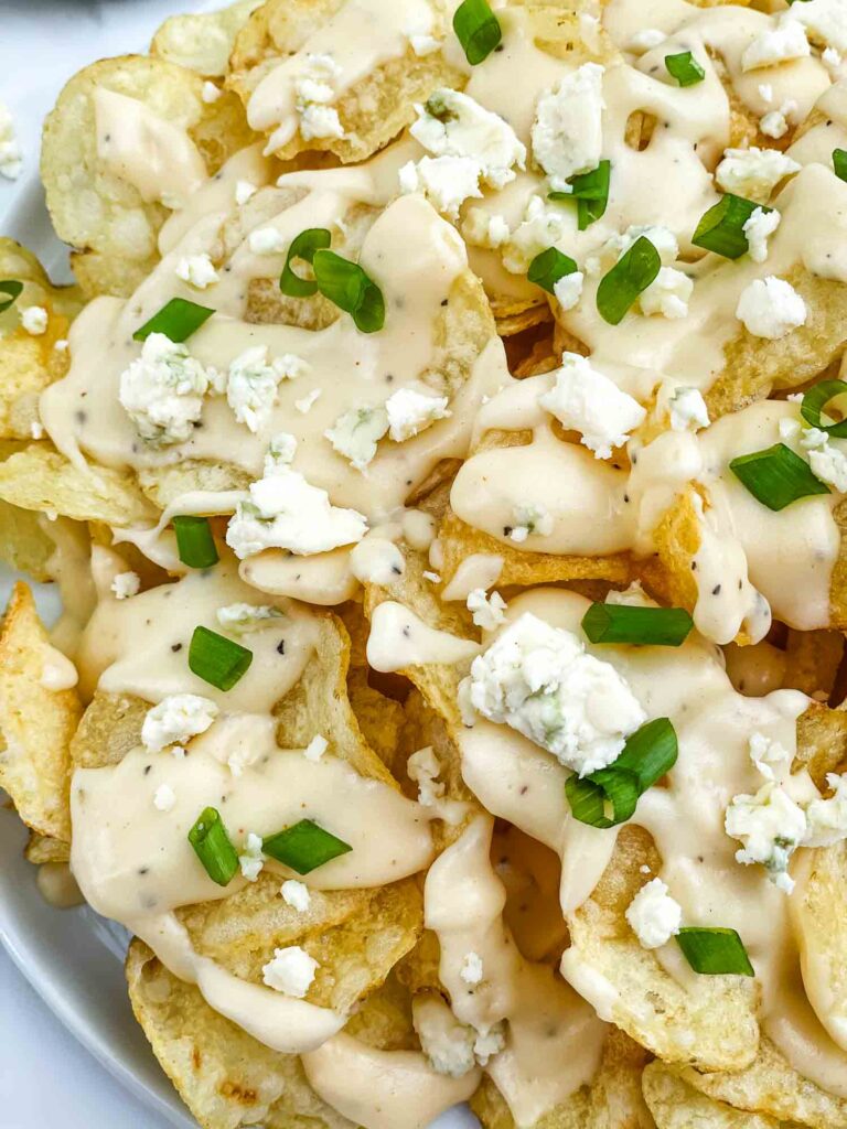 A close view of Copycat Bennigan's Blue Cheese Chips.