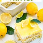 Pin of Limoncello Tiramisu in a dish next to a piece on a plate with title at top.