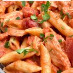 Pin of Chicken alla Vodka Pasta close up with title at top.