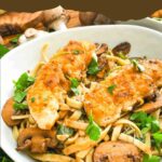 Pin of Copycat Olive Garden Chicken Marsala Fettuccine in a bowl with title.