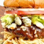 Pin of Copycat Red Robin Bleu Ribbon Burger up close with title.