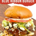 Pin of Copycat Red Robin Bleu Ribbon Burger with title.
